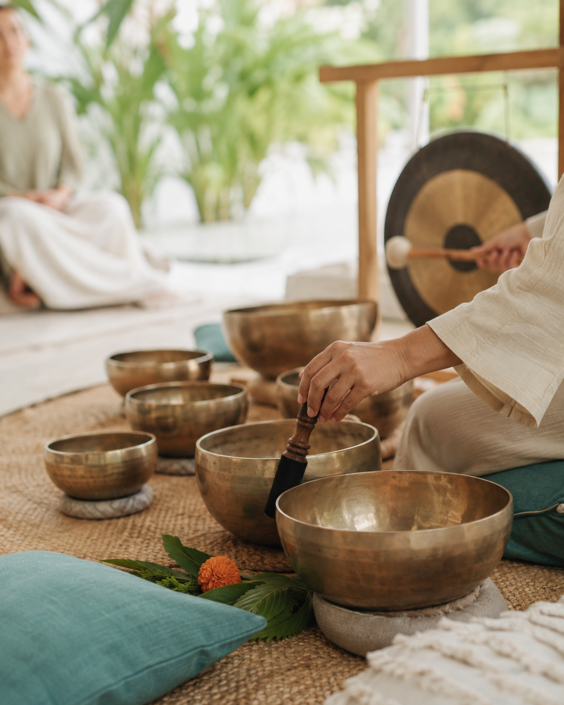 A sound healing facilitator playing Himalayan singing bowls